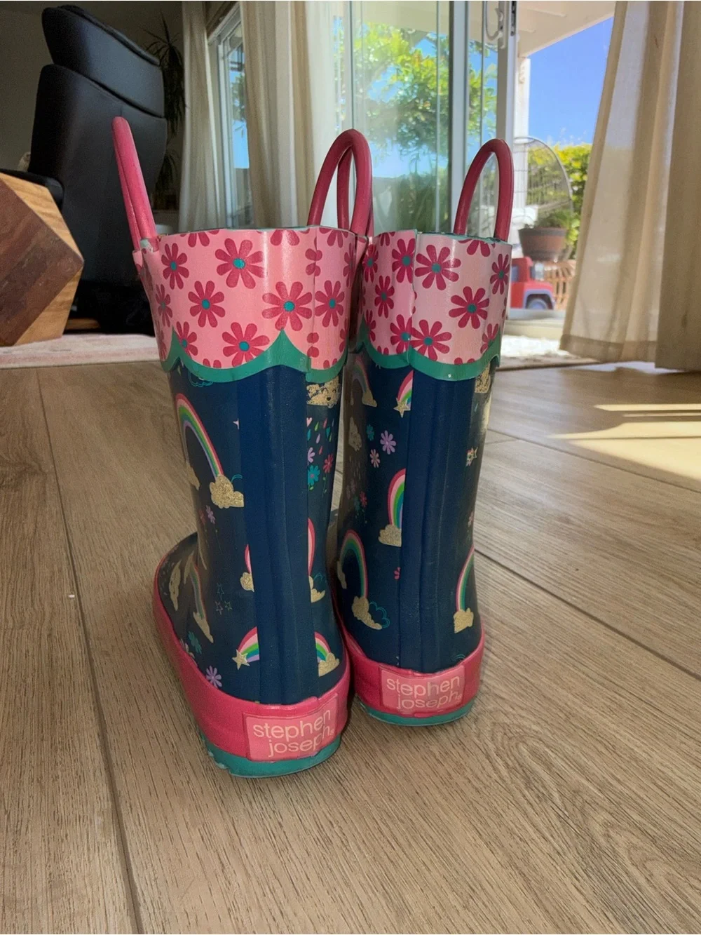 Stephen Joseph Kids Rainbow Rain Boots - Pink & Navy Floral Trim
